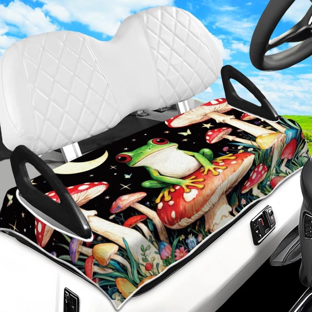 Golfkar Zitbedekking Handdoek Paddenstoel Bos met Kikker en Sterrenhemel 100% Microfiber 129x78cm Universele Pasvorm voor Club Car EZGO Yamaha Precedent, Ideaal voor Golfen en Buitenactiviteiten