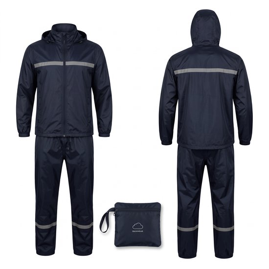 Donkerblauw, waterdicht regenpak voor dames en heren, voor- en achterkant, met opgevouwen draagtasje.