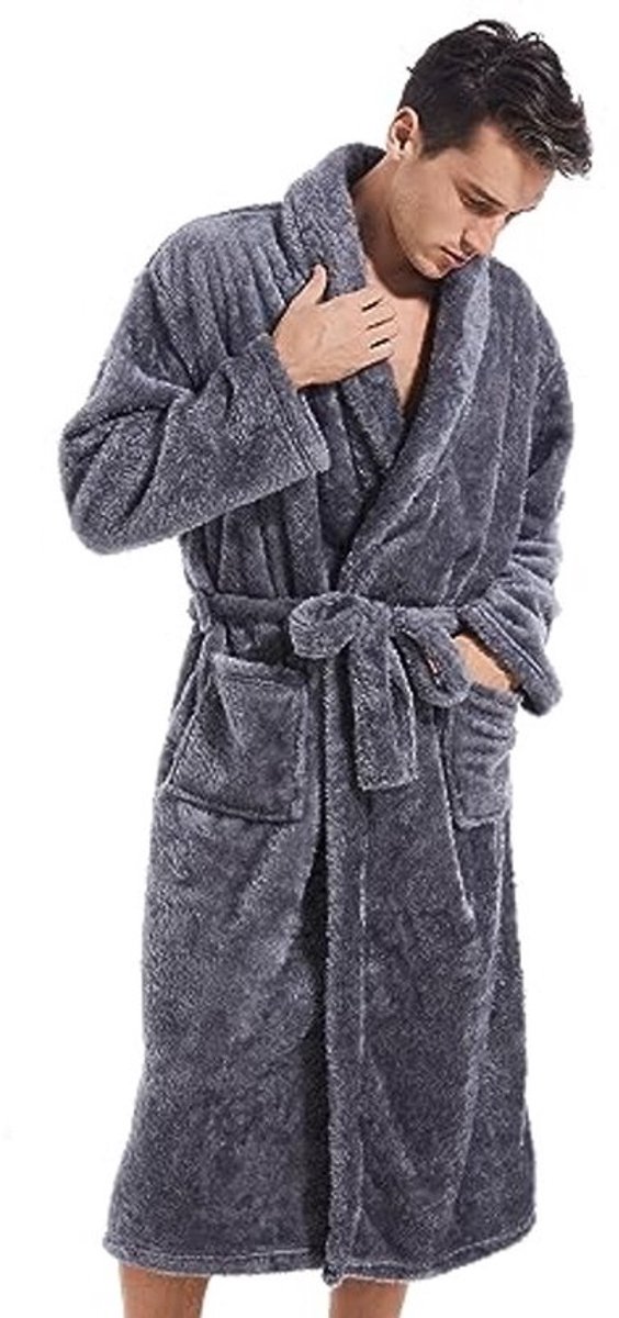 Warme pluche fleece badjas voor heren - Gezellige lange badjas met zakken (donkergrijs)