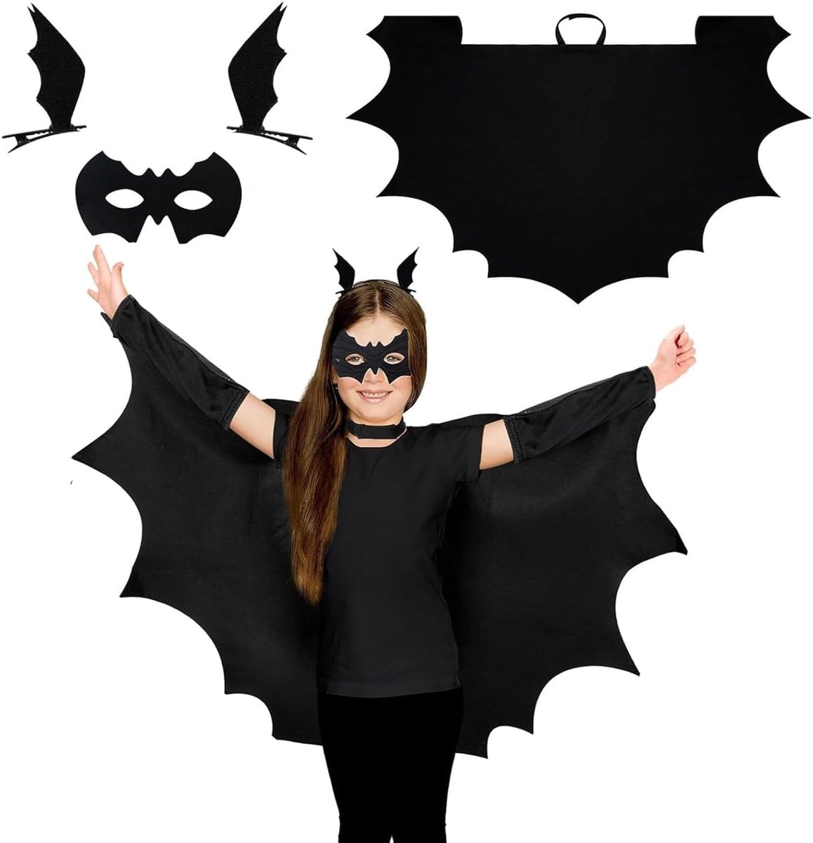 Vleermuiskostuum voor kinderen, vleermuiscape + masker + haarspeld, perfect voor Halloween, griezelfeest, carnaval, rollenspel