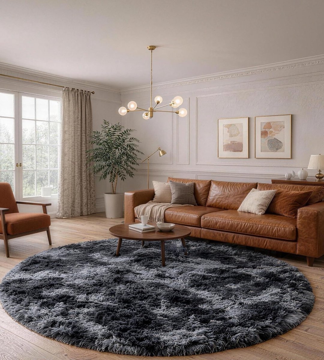 Vloerkleed, rond, woonkamer, 150 cm, donkergrijs, slaapkamer, hoogpolig, wasbaar, antislip, zacht, wollig, modern