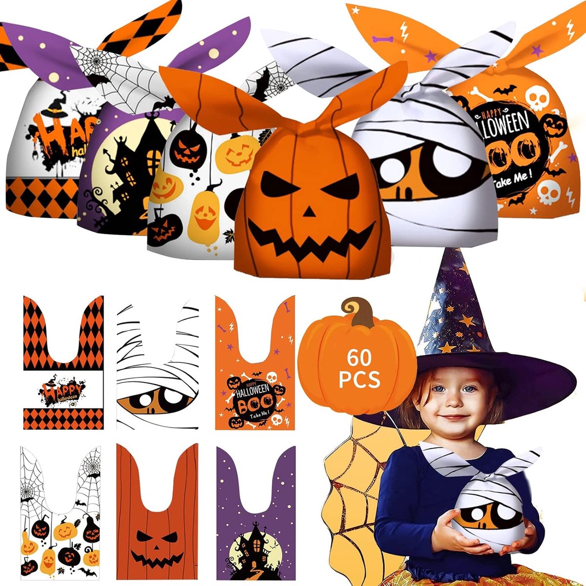 60 stuks halloween-snoep- of fopzakjes, Halloween-snoepzakjes, cadeauzakjes, Halloween-snoepzakjes, kinderen, snacks, Halloween, goodie feestdecoratie (6 stijlen)