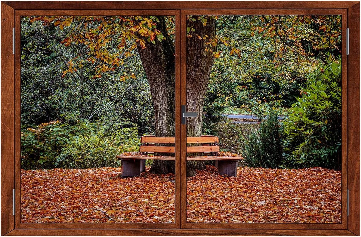 3D Retro Stijl Nep Venster Uitzicht Foto Muursticker Muursticker voor Woondecoratie - Lange Stoel in Peaceful Forest