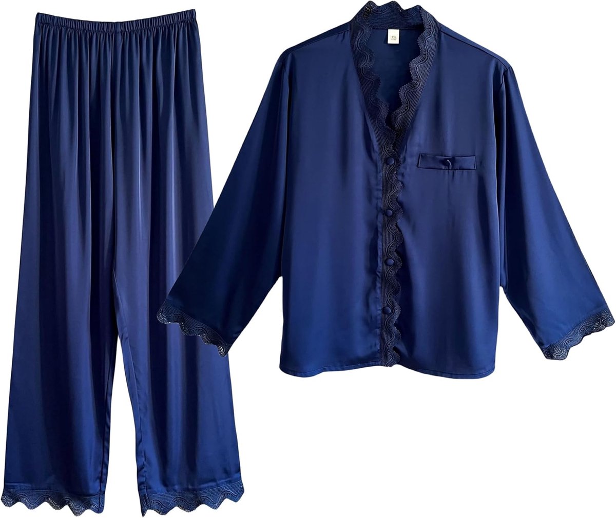 Laura in - 2-delige zijden satijnen pyjama voor dames, pyjama met knopen en lange broek van satijn, met geborduurde kant, elegant, vloeiend, zacht en comfortabel.
