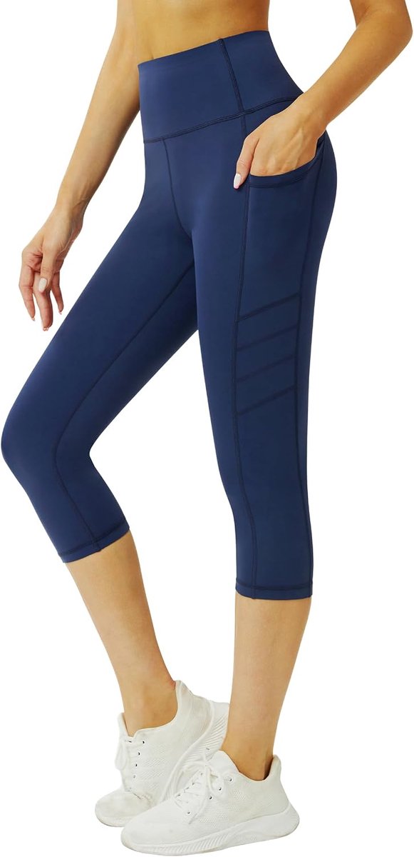 Sportlegging voor dames, 3/4 caprilegging met zakken, 3/4 ondoorzichtige fitnessbroek, loopbroek voor dames