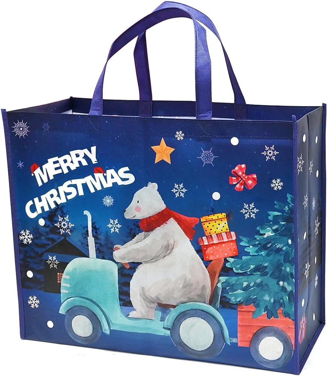 DOJoykey Extra grote kerstcadeauzakken, 2 stuks kersttassen met handvat, niet-geweven stof, kersttraktatiezakken, herbruikbare boodschappentassen voor kerstfeest, 50 x 40 x 17,8 cm, 1 stuk