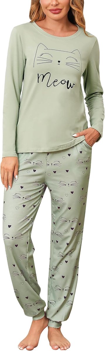 Katoenen Pyjamasets met lange mouwen, dames, nachtkleding met ronde hals, top met kattenprint en pyjamabroek