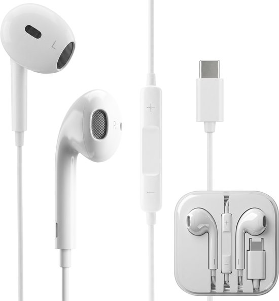 Witte in-ear oordopjes met L en R aanduiding, inline bediening, microfoon en USB-C connector, in een transparante opbergcase.
