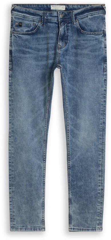 Blauwe slim fit jeans met lichte wassing, riemlusjes, knoop- en ritssluiting.