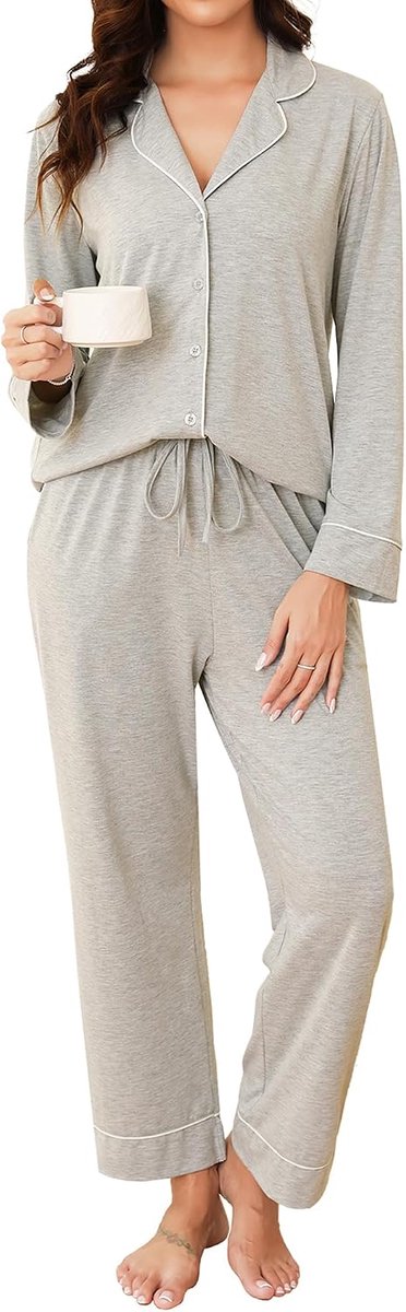 Pyjamaset Met Knoopjes, Lange V-Hals Tweedelig Lange Loungewear Huispak Pyjama Comfortabele Top En Pyjamabroek