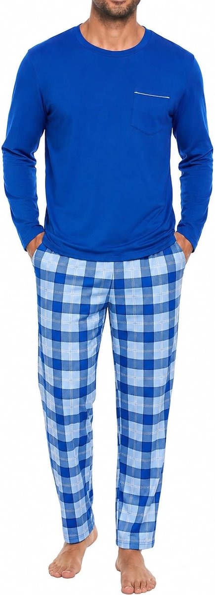 Winterpyjama voor heren, 2-delige set, katoen, geruit, met lange mouwen en ronde hals, T-shirt en broek, geruit, maat S-4XL