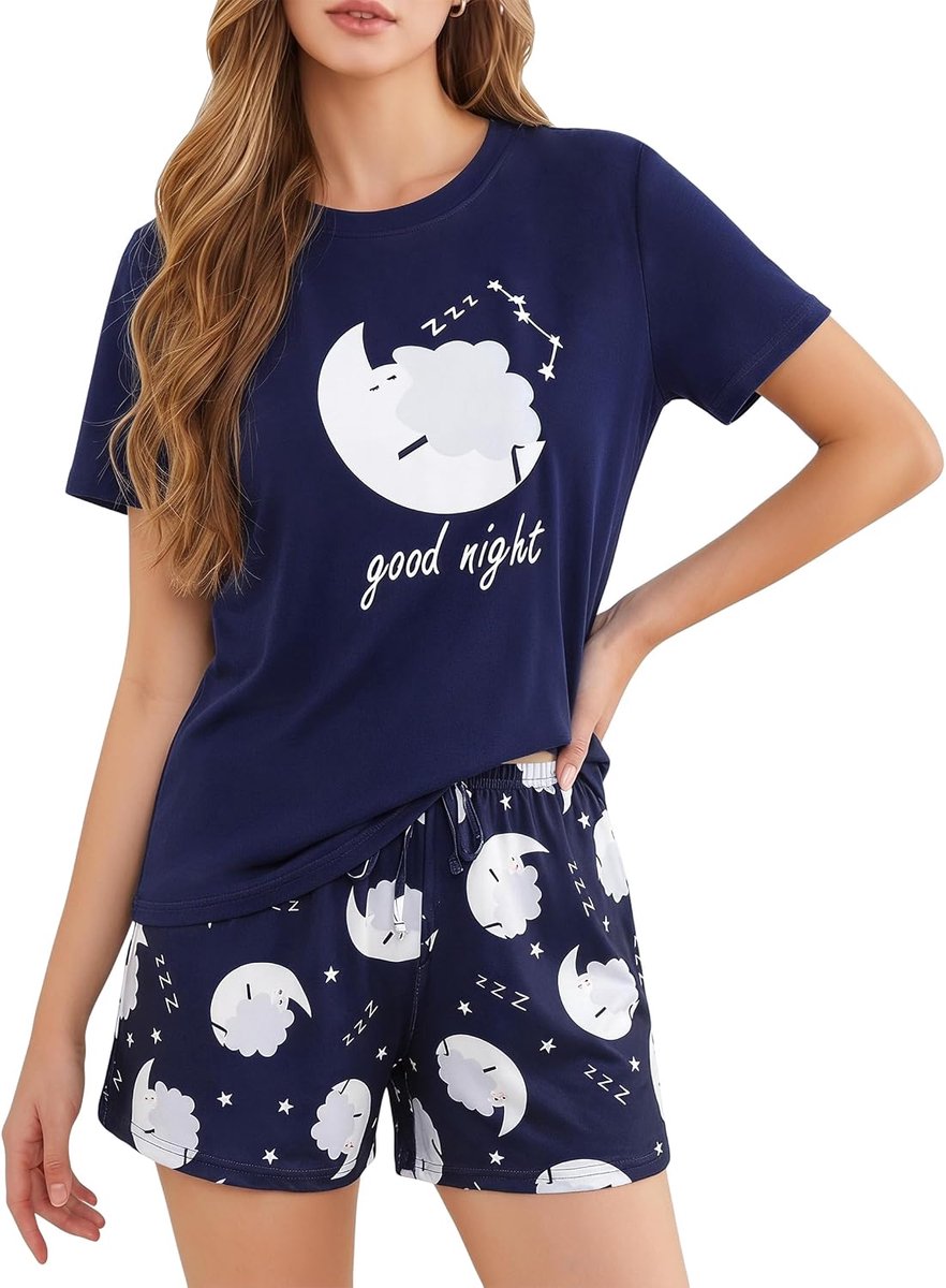 korte pyjamaset van katoenmix, zomernachtkleding, tweedelig met printmotief, shirt met korte mouwen en shorts, loungewear set voor vrouwen