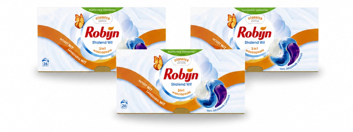 3 x Robijn – 3-in-1 Wascapsules – Stralend Wit - 26 Capsules - Voordeelverpakking - 3 stuks