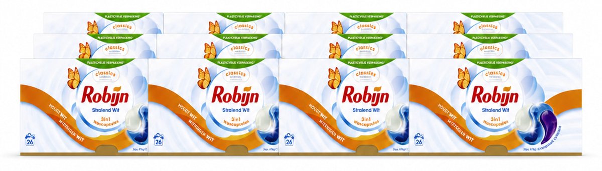 12 x Robijn – 3-in-1 Wascapsules – Stralend Wit - 26 Capsules - Voordeelverpakking - 12 stuks