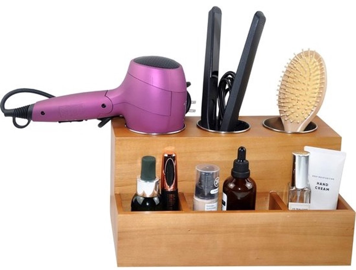 Haargereedschapsorganisator Föhnverzorging Stijltang Krultang Borstelhouder Caddy Opslag voor ijdelheid en badkamer Wandmontage of toonbank Massief hout in bruin