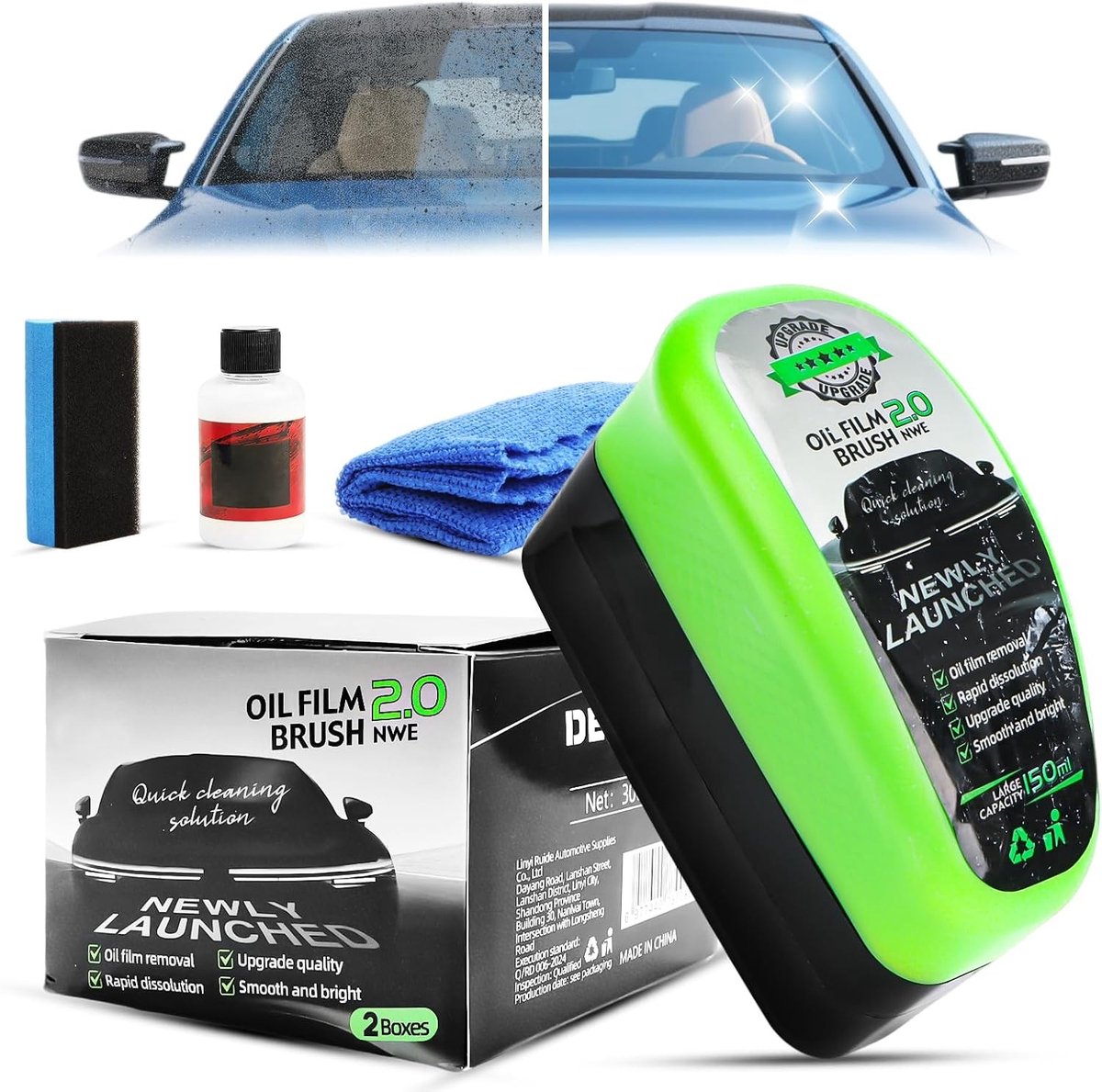 Autoruit reiniger - Transparant - 50 ml - Oliefilmverwijderaar met Spons en Microvezeldoek - Voor Veilig Rijden bij Regen en Mist