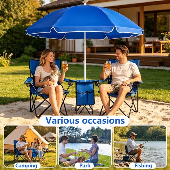 ELVENTO Strandstoel opvouwbaar - Campingstoel opvouwbaar - Campingstoelen - Strandstoeltjes lichtgewicht - 2 zits - Met parasol — afbeelding 2