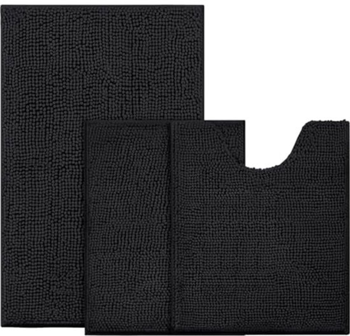 Zwarte Badkamer Tapijten Set - 3 Stuks Antislip Pluche Chenille Wasbare Badmatten