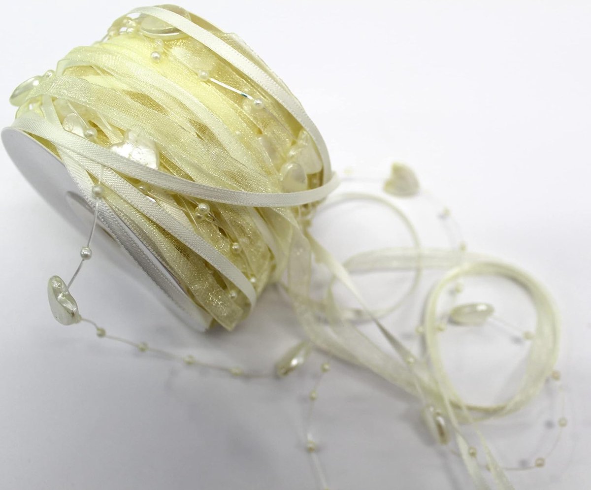 Lint van 15 m met organza en 3 en 8 mm kralen, parelband, cadeaulint, trendyband, parels aan het lint (hart 12 mm crème)