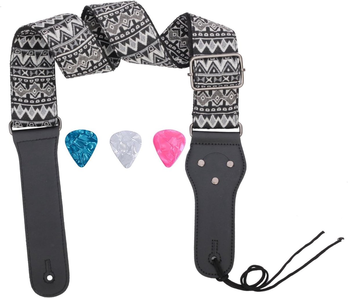 Gitaar Band Retro Verstelbare Jacquard Weave Vintage Accessoire voor Basse Elektrische Akoestische Gitaar, 3 Picks Inbegrepen Zwart