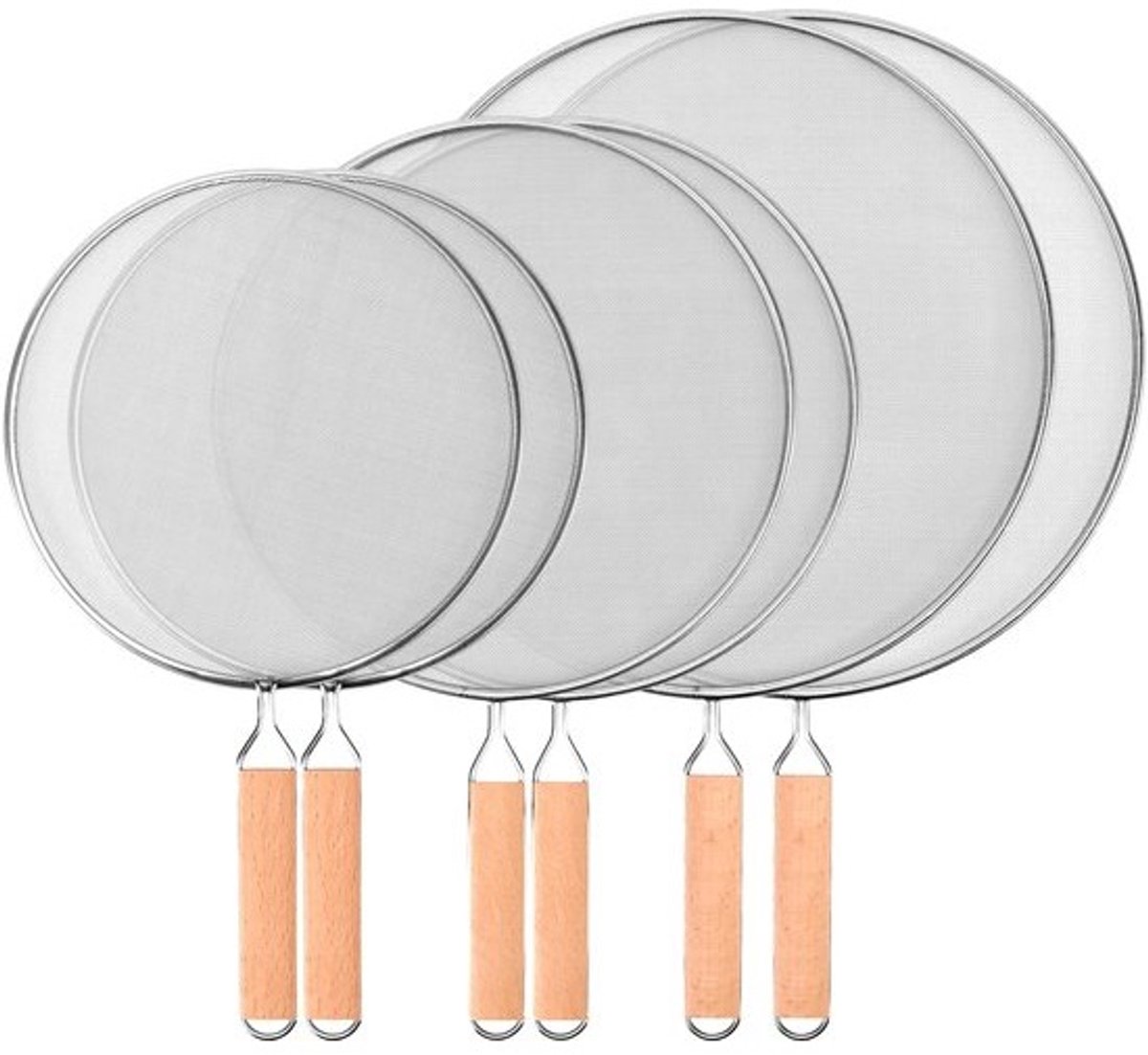 Dailygoods - 6 stuks spatbescherming pannen, 21/25/29 cm diameter zilver roestvrij staal spatbescherming pan met houten handvat voor potten