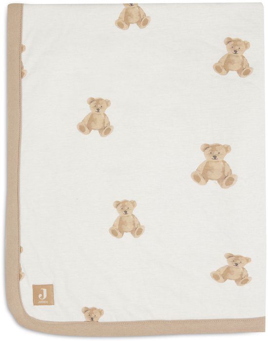 Crèmekleurige babydeken met beige teddybeerprint en beige bies. Het Jollein logo is zichtbaar op de bies.