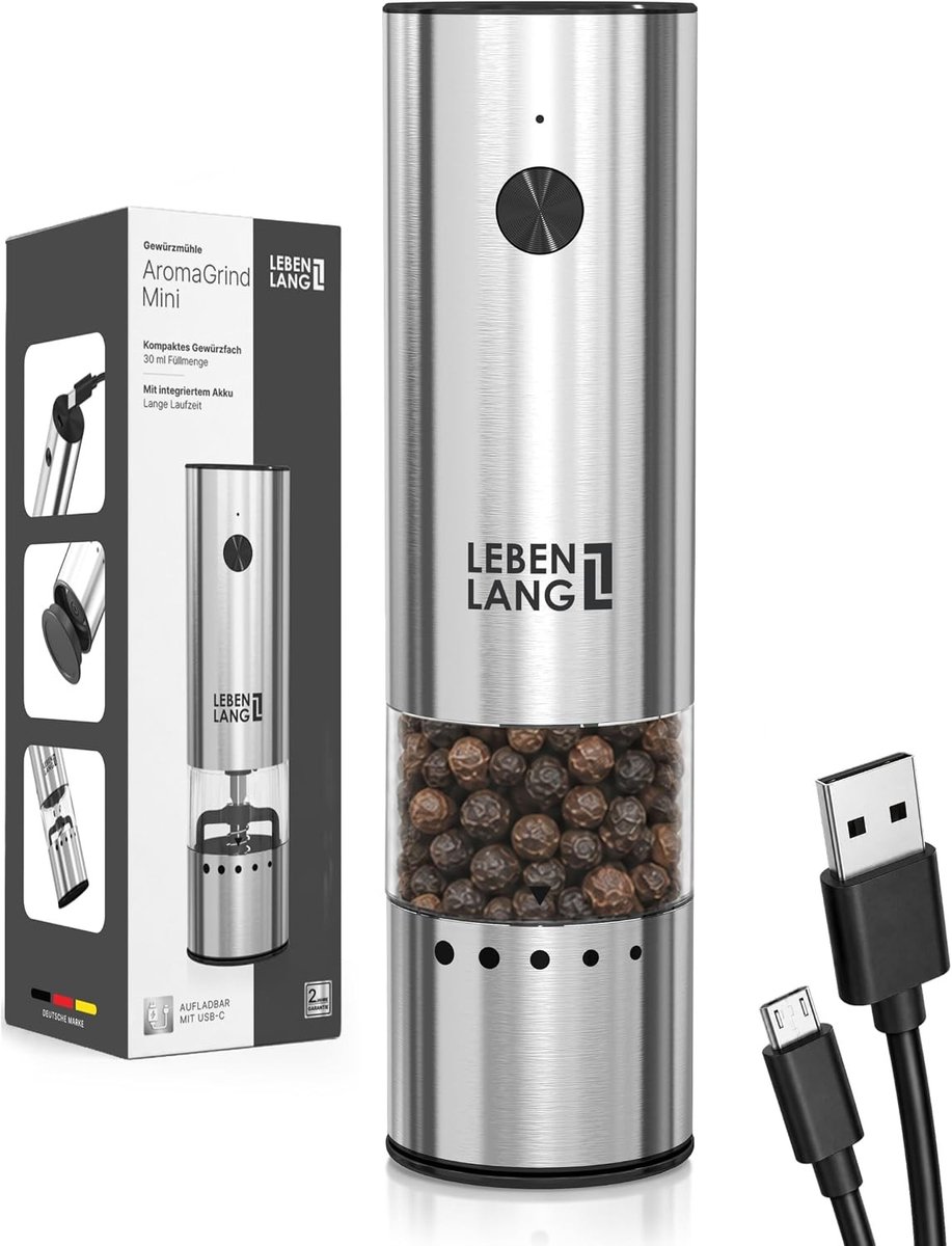 Elektrische graanmolen - RVS - 30 ml - Oplaadbare Peper en Zoutmolen met Keramisch Maalwerk - Compacte Keukentool