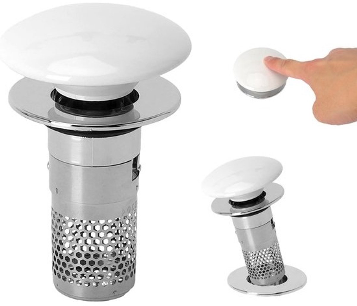 Pop-up afvoerventiel met keramisch deksel en zeef, universele wastafelstop voor afvoer, 34-40 mm, zilver, ideaal voor badkamer en keuken