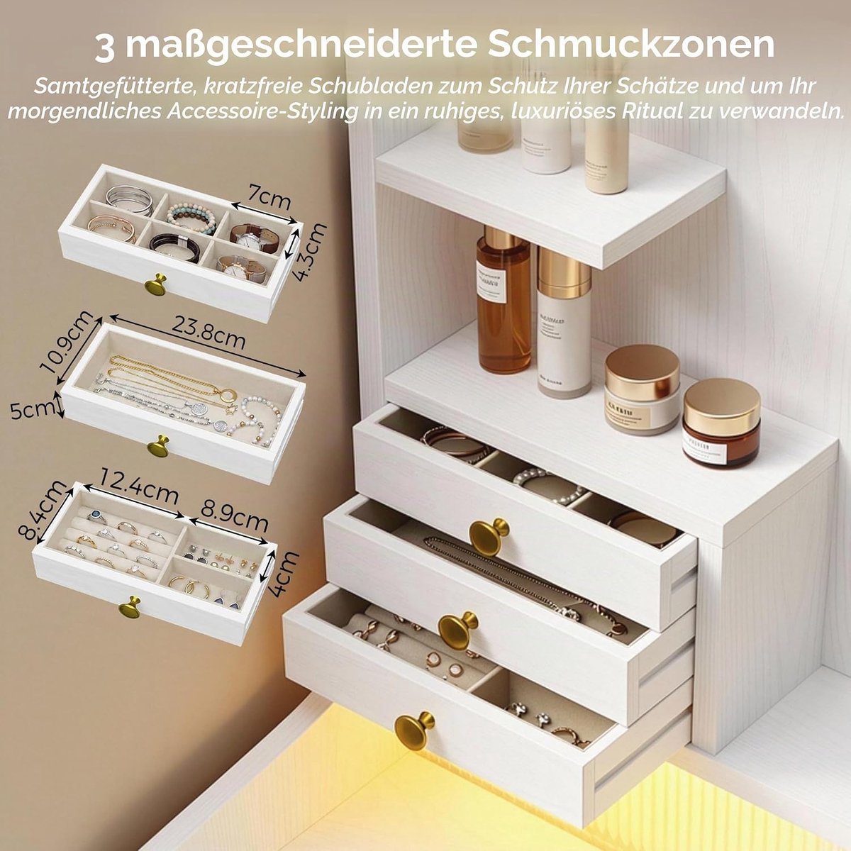 Make-uptafel met LED-spiegel en RGB-verlichting – Medahomestore Aurora Glam Kaptafel met 5 Laden, Schuifdeur, Stopcontacten, USB & USB-C, Föhnhouder – Wit – 140 x 70 x 40 cm