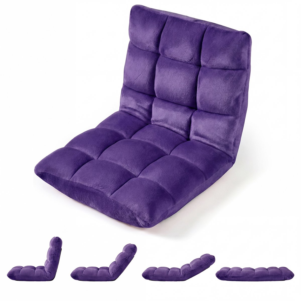 Costway Vloerstoel van Flanellen Stof - met Verstelbare Rugleuning - 14 Verstelbare Posities - Gevoerde Relaxstoel Purper