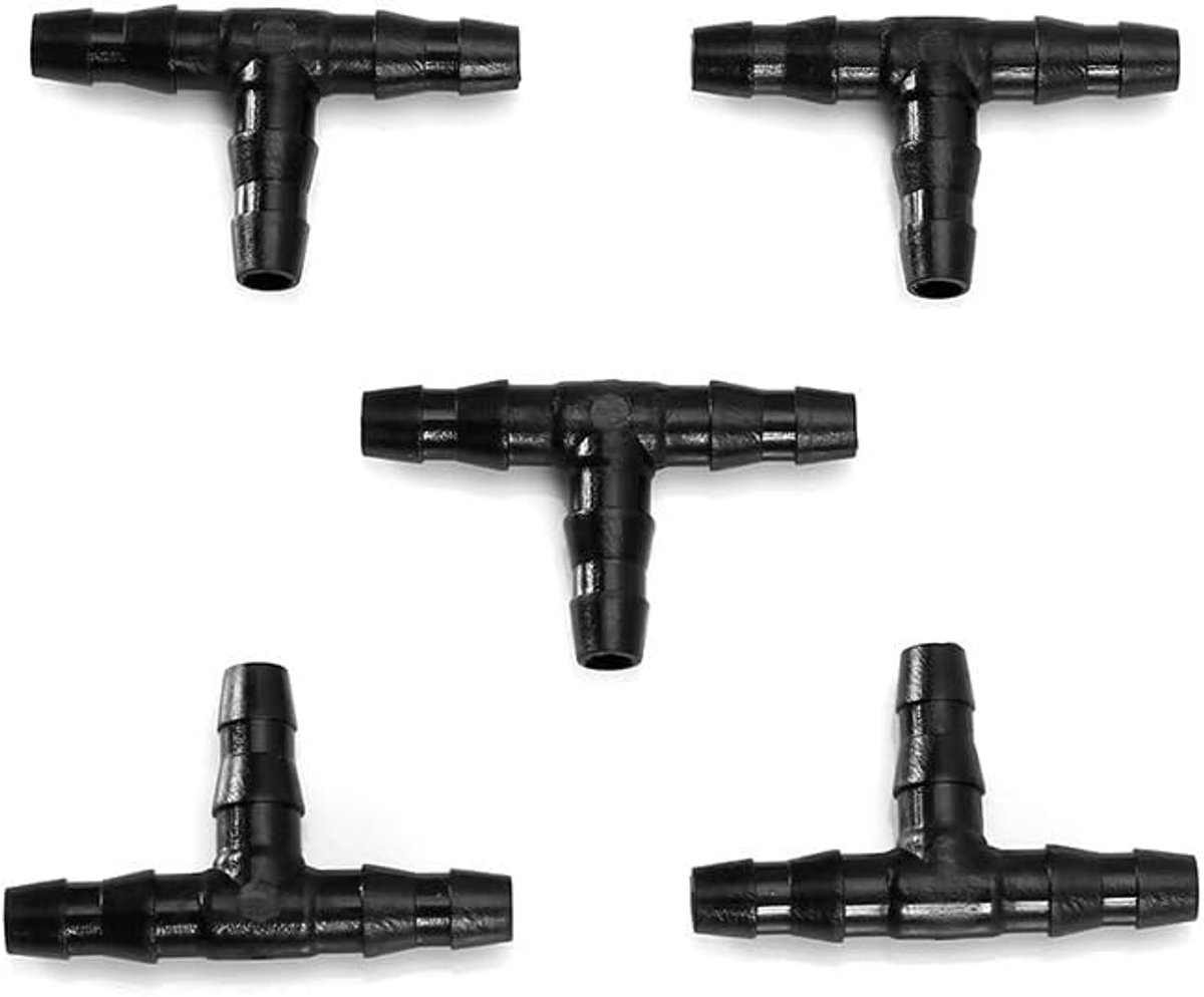 100 STKS T Pipe Barb Slangfitting Spray Connector, Tee Connector Joiner voor Sprinkler Irrigatiesysteem, Easy Connect Tee Connector voor 4mm/7mm Buis, Geschikt voor Irrigatie