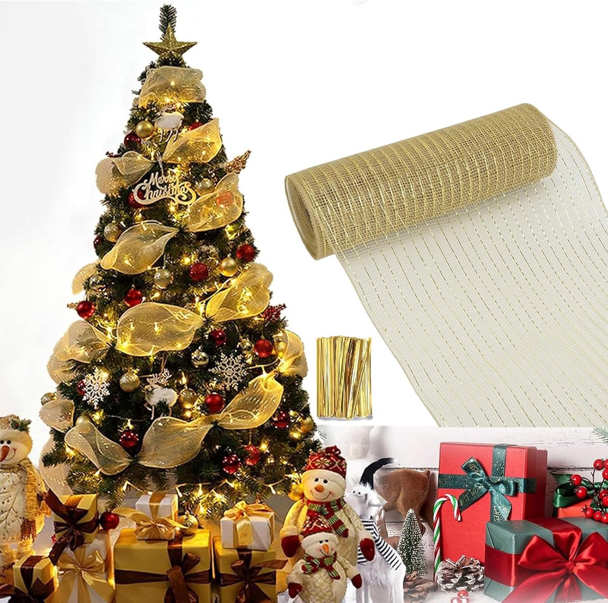 Kerstdecoratieslinger, metaalfolie netband voor Kerstmis, fonkelende handgemaakte kerstslinger, 26 x 910 cm, goud