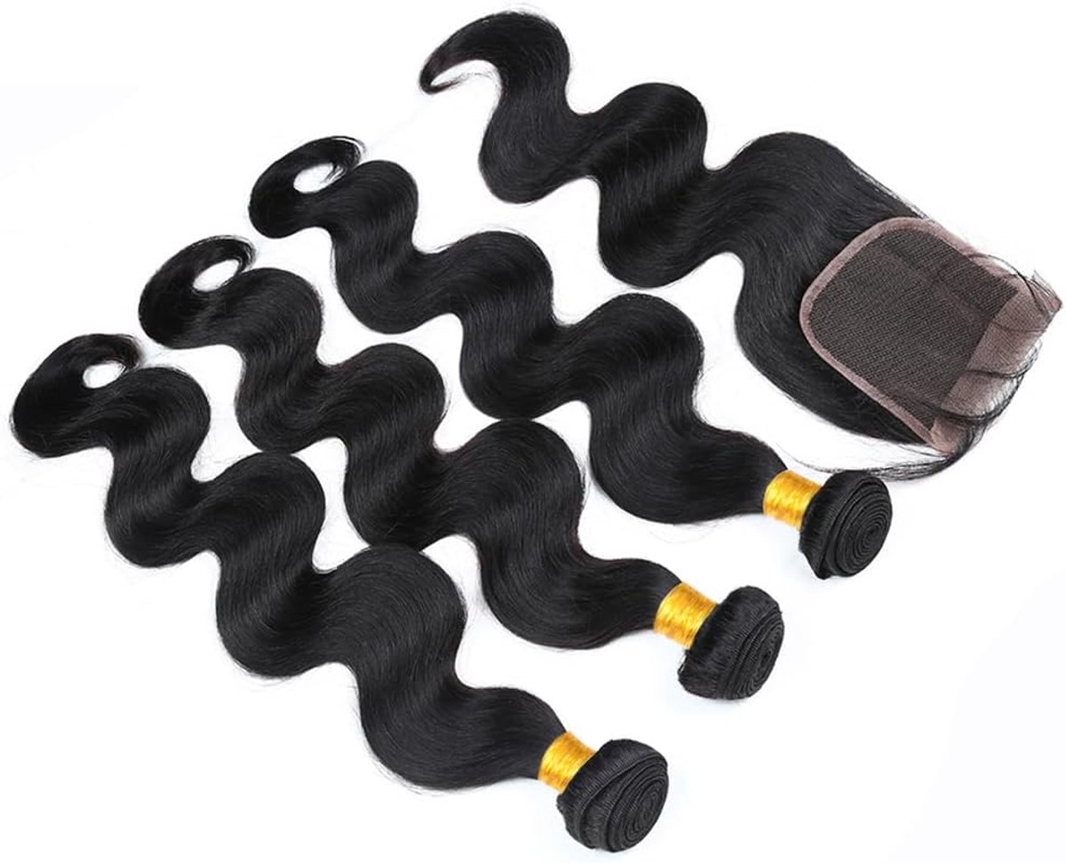 Wave Braziliaans Virgin Haar Bundels Met 4x4 Lace Closure - Menselijk Haar Weave 14 16 18+12 Inch