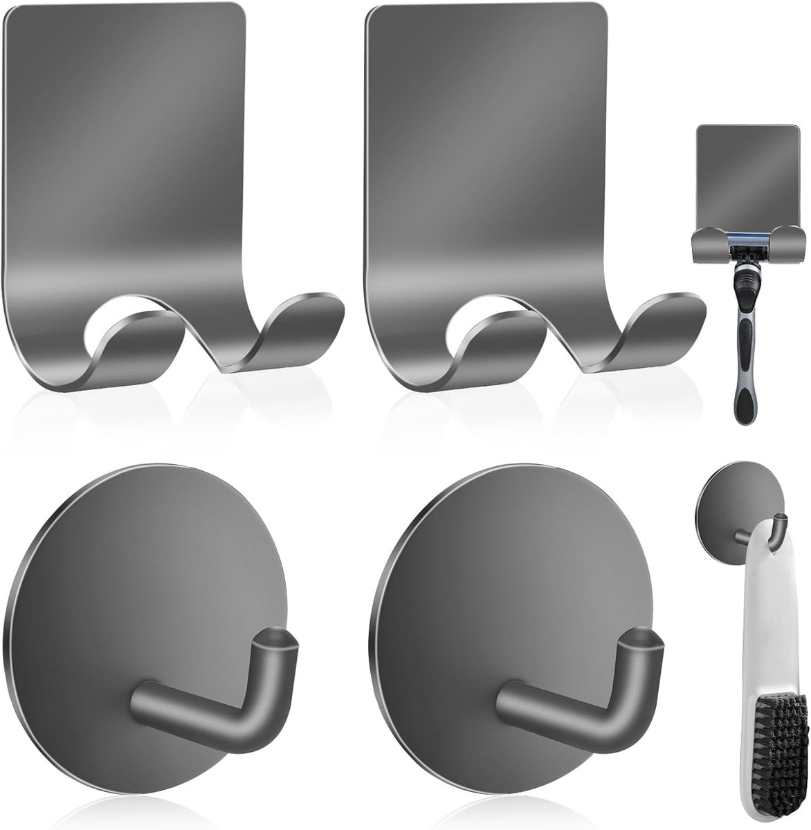 Scheermeshouder 304 roestvrij staal voor douche + zelfklevende kleverige zware waterdichte wandhaken, premium voor het ophangen van handdoeken, jas, hoed (2+2 stuks) - grijs