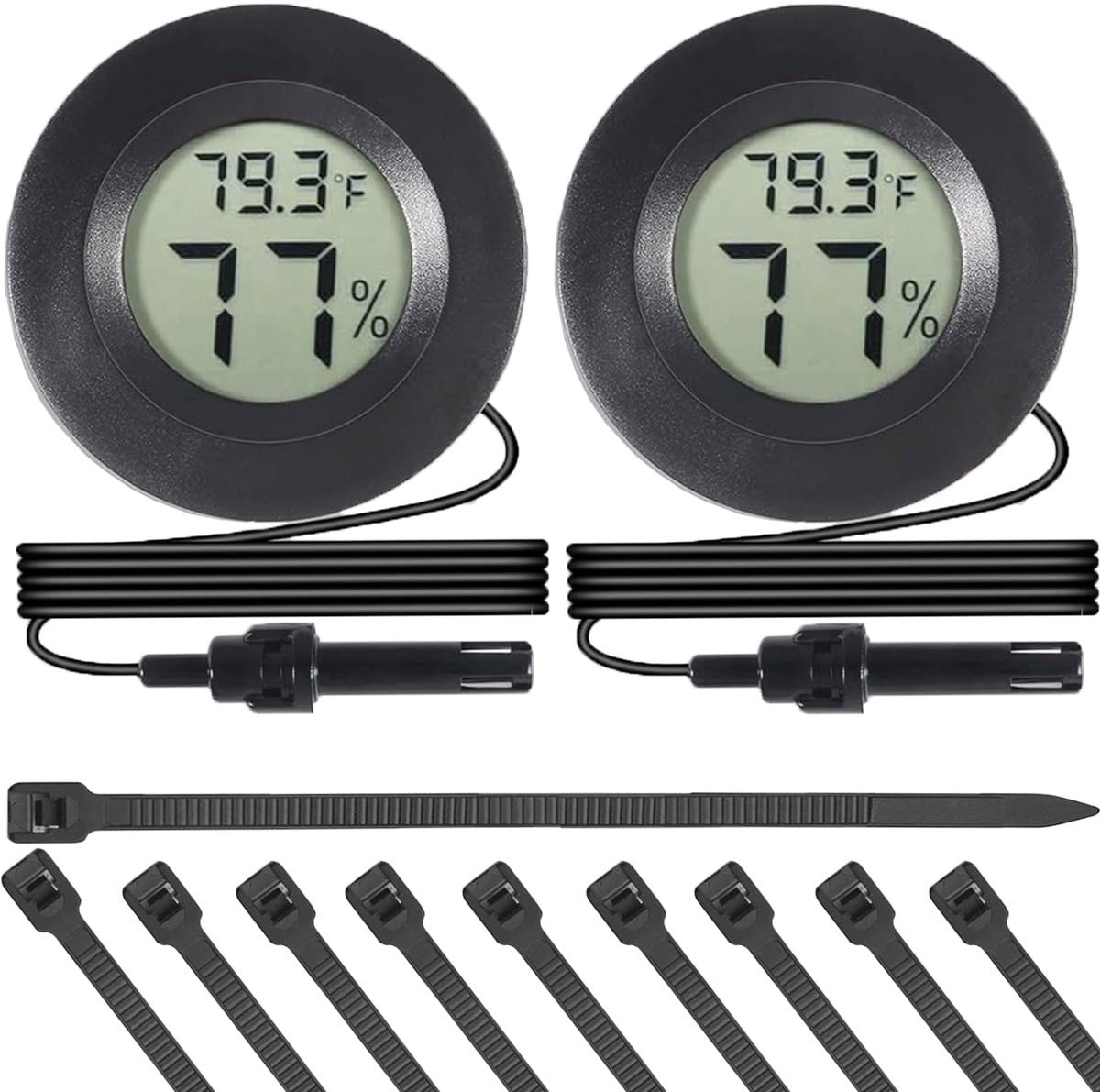 2 stuks digitale hygrometer mini-thermometer ronde hygrometer met sonde LCD-display van temperatuur en vochtigheid met nylon kabelklem voor reptielplanten terrarium incubator