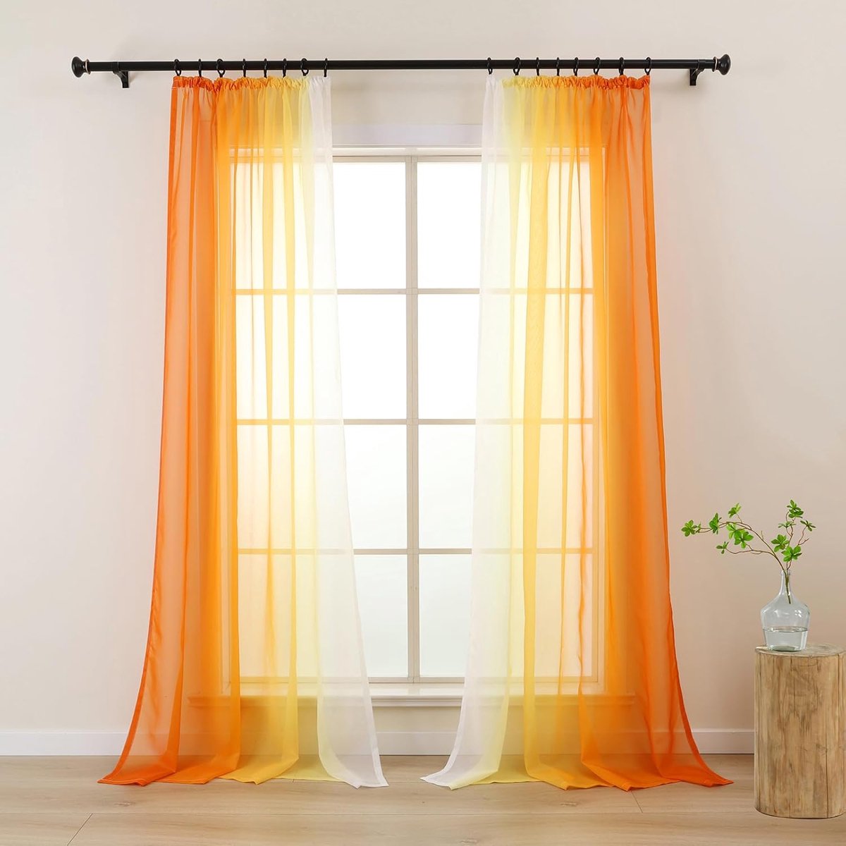 Gordijnen met kleurverloop met plooiband, gordijn, oranje-wit, voor woonkamer, kinderen, meisjes, slaapkamer, raam, transparant, set van 2, voile, gordijnen, 140 x 245 cm lang (LZE2220T-OR245)