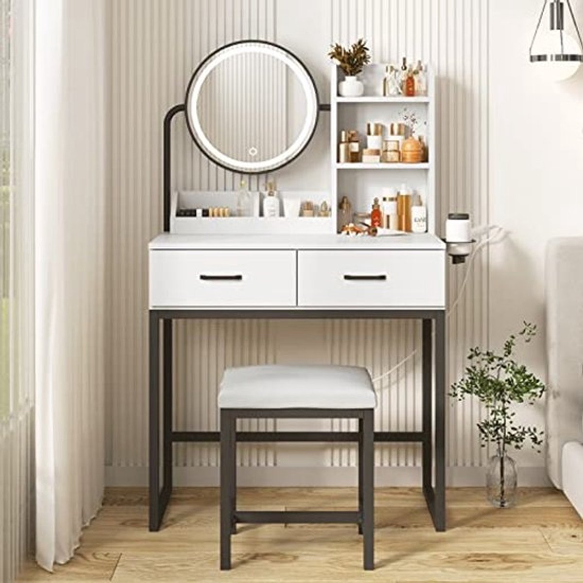 Luxe Make-up Kaptafel met Spiegel en Verlichting - Compacte Make-up Tafel met Opbergruimte en Haardrogerhouder
