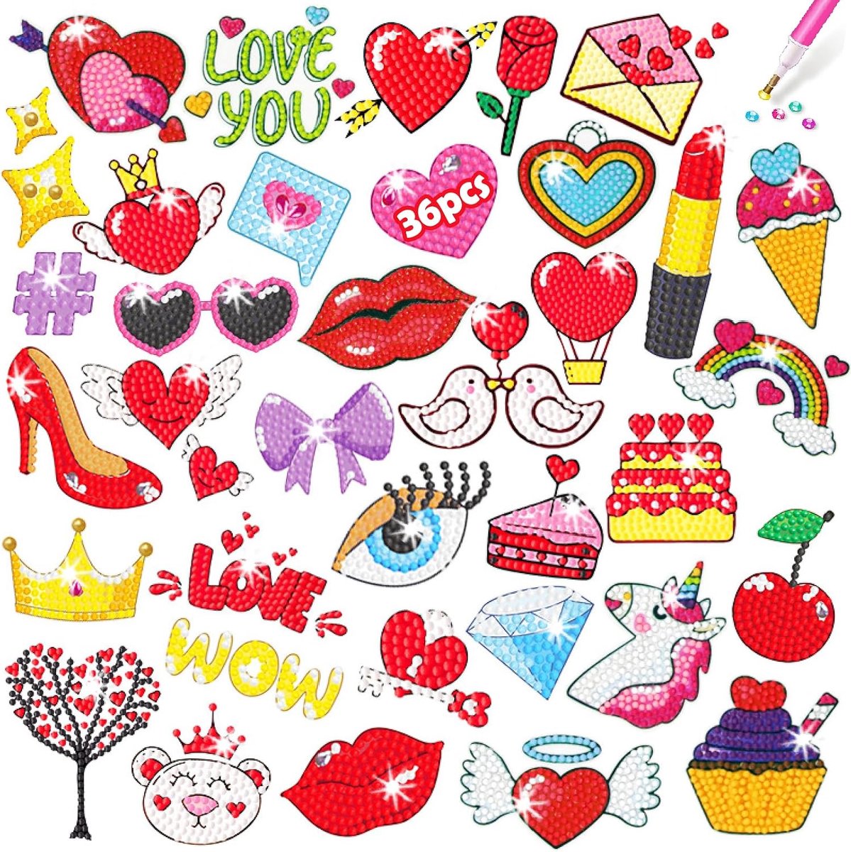 36 stuks Valentijns Diamant Schilderen Stikckers Gift Meisjes Kinderen 5D Diamant Schilderij Stickers Kit voor Kinderen (#11 - Valentijnsdag - 44 stuks + 2)