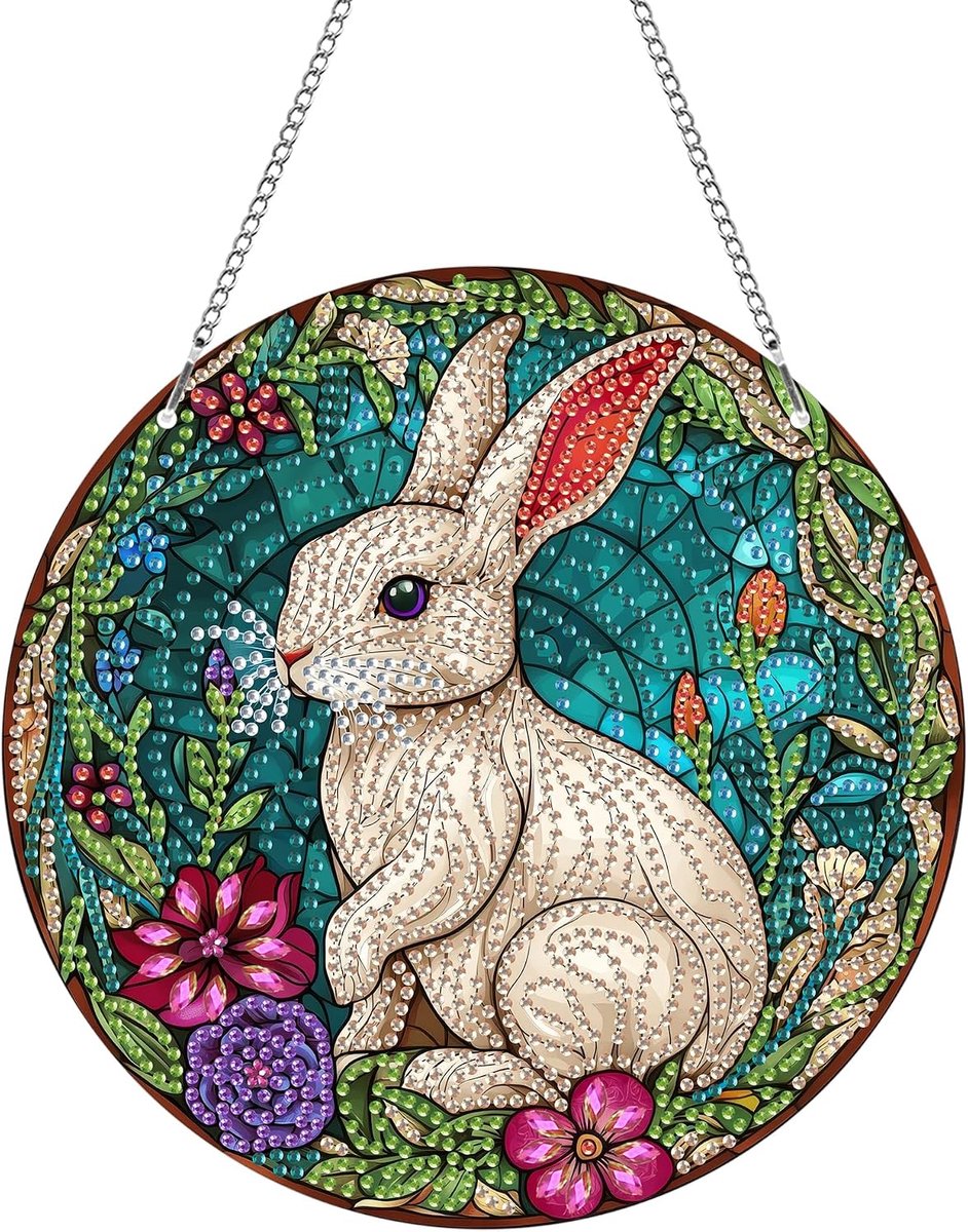 Konijn Diamond Painting Hanger met Ketting,Dier Diamond Painting Raamafbeeldingen, Wandophangkits voor Veranda, Raam, Muur, Tuin, Decoratie 20 x 20 cm(Konijn)