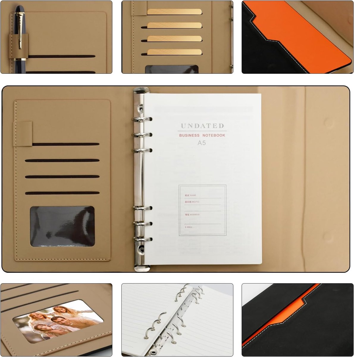 A5-ringband notitieboek met 100 pagina's, PU-lederen navulbare notitieboekmap, geschikt voor schooldagboek, reizen en kantoor (zwart)'