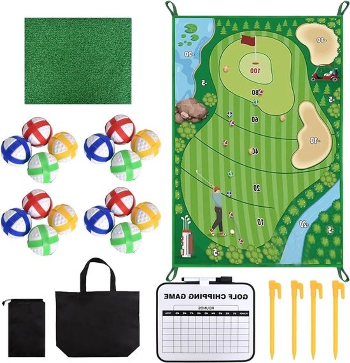 Complete Golf Set voor Binnen en Buiten met Slagmat, 16 Hechballen, Poles en Scorebord voor Thuis, Tuin of Kantoor