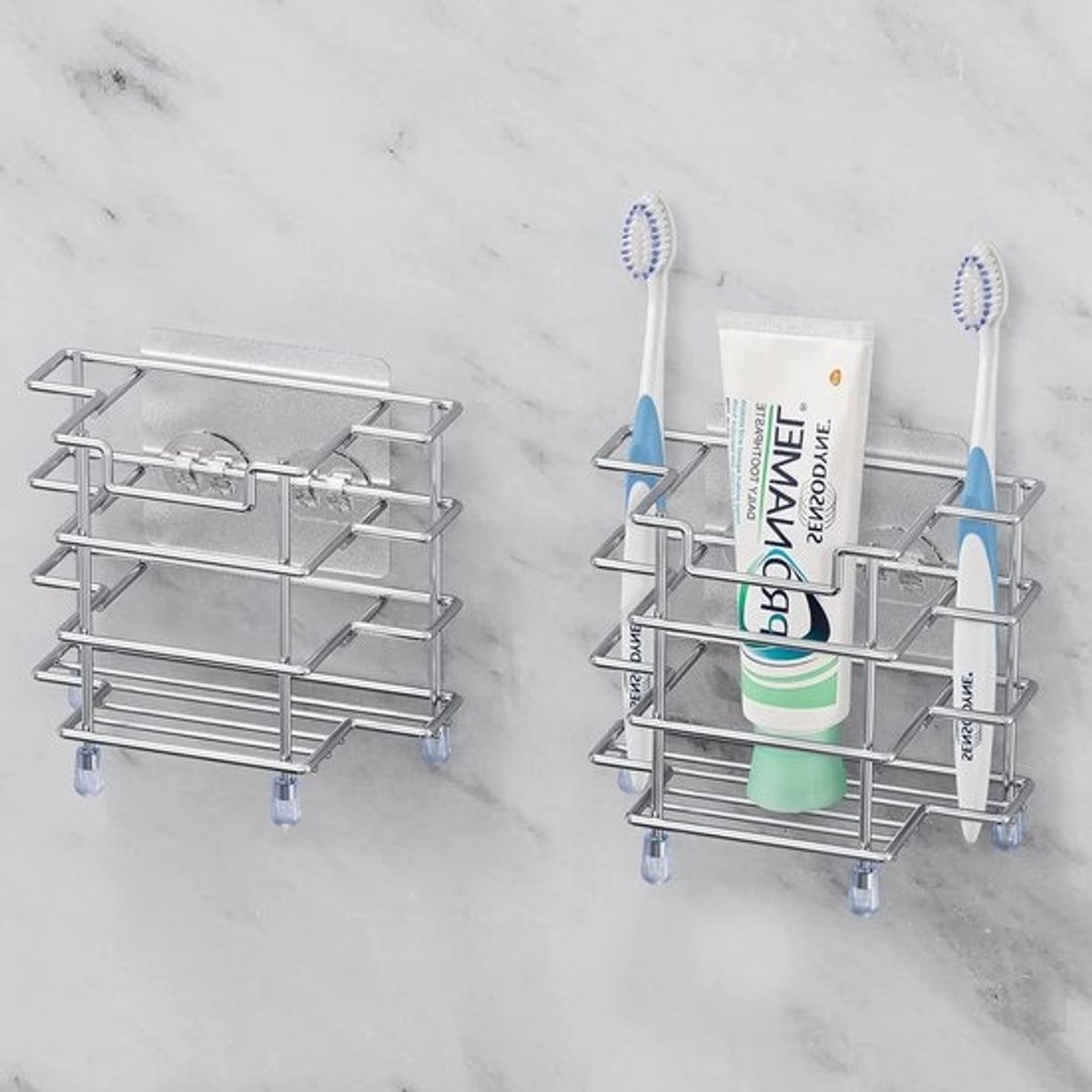 2-Pack Wandbeugel voor Tandenborstels van RVS, Zelfklevende Organizer met 3 Slots voor Tandenborstels, Tandpasta en Scheermes in Badkamer of Douche (Zilver)