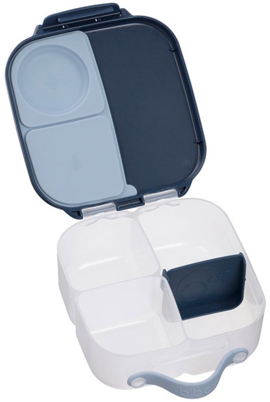 Open b.box mini lunchbox in donkerblauw met 4 vakken en een lichte blauwe inzet.