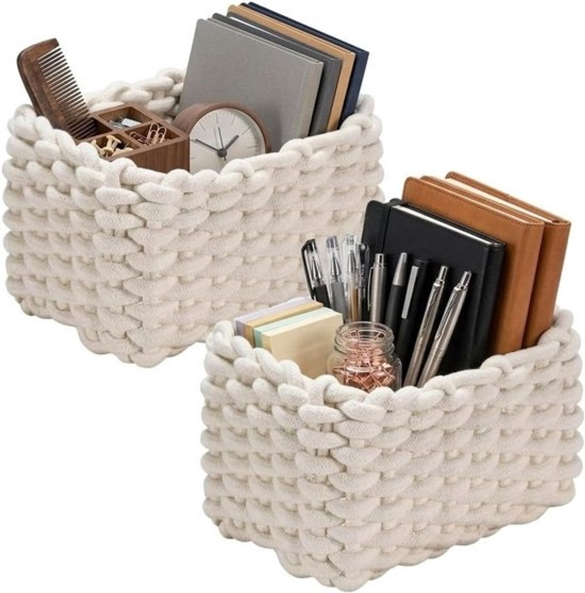 Opbergmanden van katoen - gevlochten - 19 x 15 x 12 cm - wit - set van 2