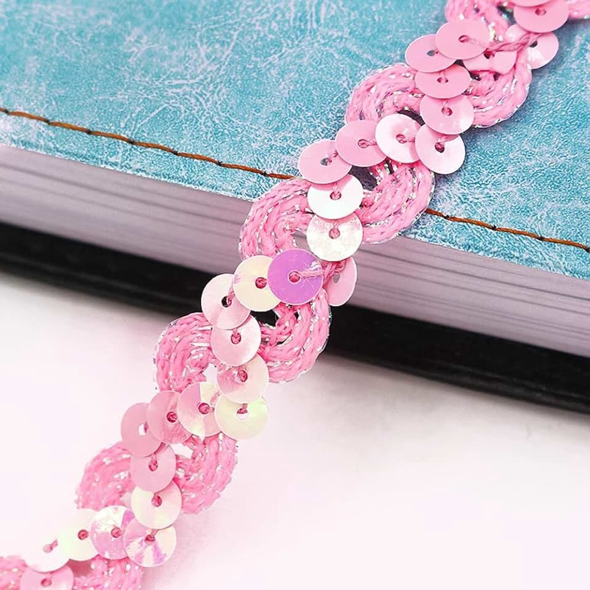 Paillettenband, 3 m x 6 mm, gekleurde glitterpaillettenband, paillettenband, applicatie, paillettenband, stretch, paillettenversiering, voor het maken van sieraden, bandmaken, kostuums, roze