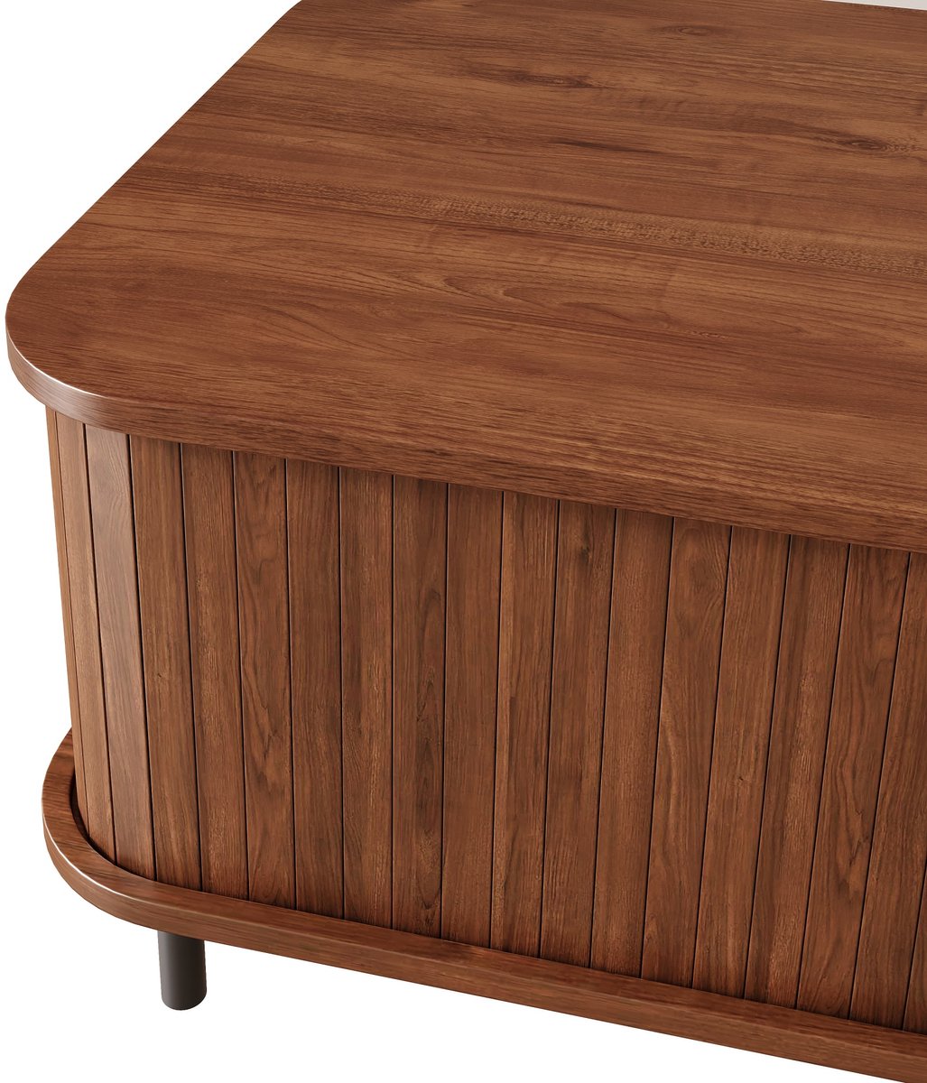 Pugsdrly Salontafel met schuifdeuren, rechthoekige salontafel met opbergruimte, modern design met verticale lamellenlook, bijzettafel, voor de woonkamer Walnoot