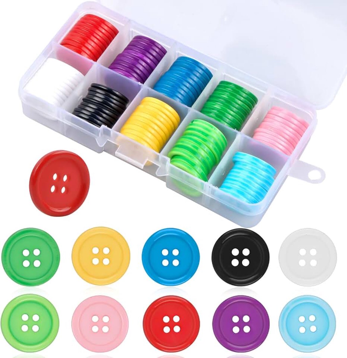Knopen van hars met 4 gaten en kunststof doos, kinderknopen decoratief, rond, 20 mm voor naaien, knutselen, decoraties voor kleding en scrapbooking