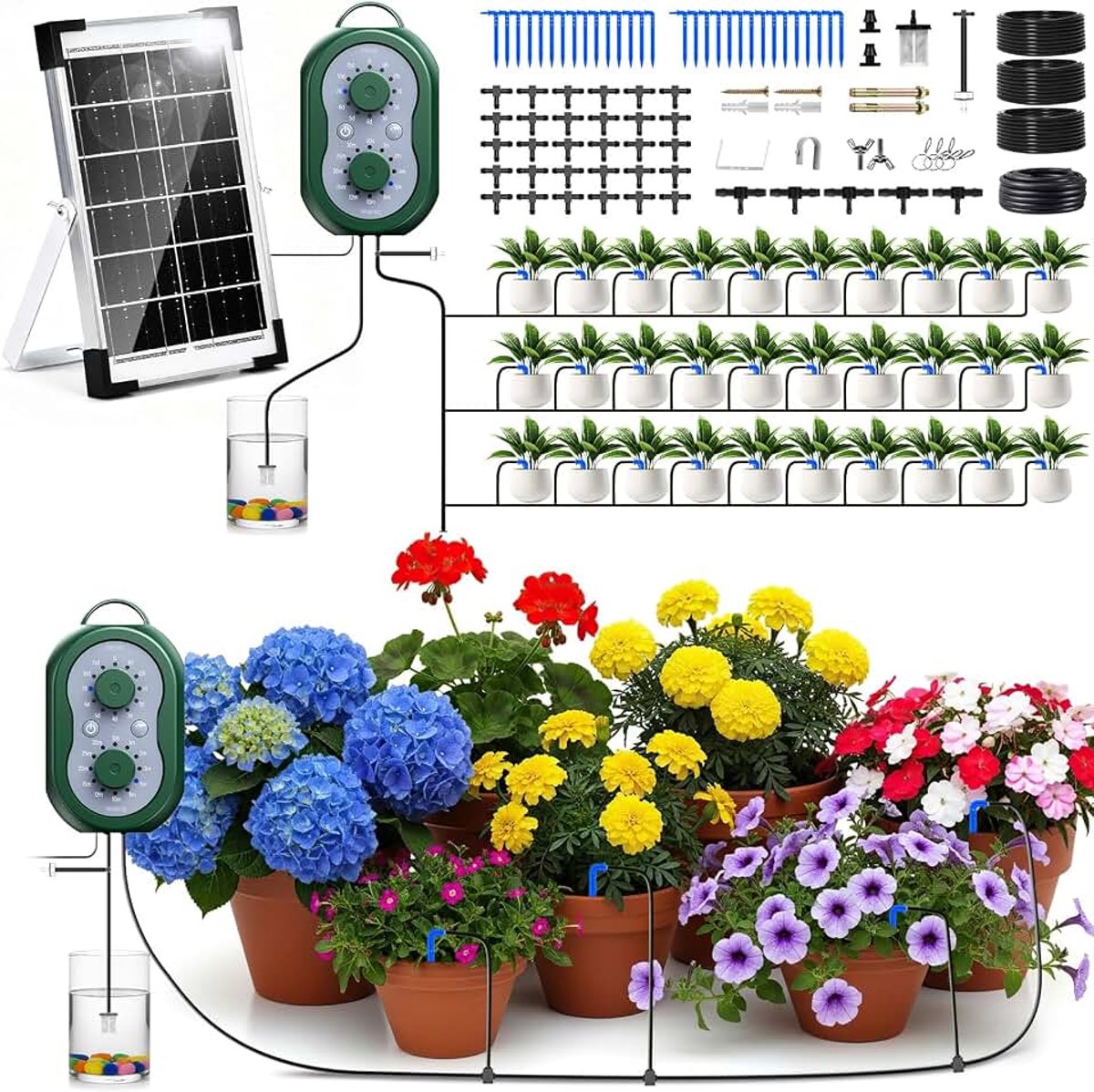 Automatische Bewateringsset, Bewatert 30 Planten Tijdens Vakanties, Bewateringsset Op Zonne-Energie Met Timer + 35 M Slang Voor Tuin, Balkon, Potplanten