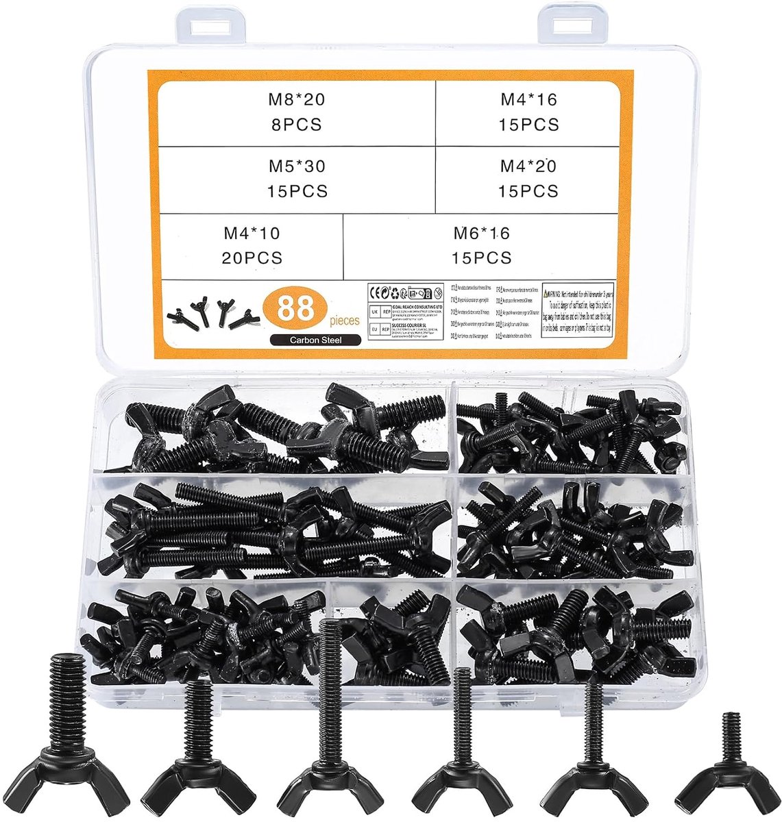 88 stuks, M4, M5, M6, M8, vleugelboutset, vlindervleugelbouten, koolstofstalen duimschroeven, vlinderduimhandschroeven voor machineapparatuur (88 zwart)