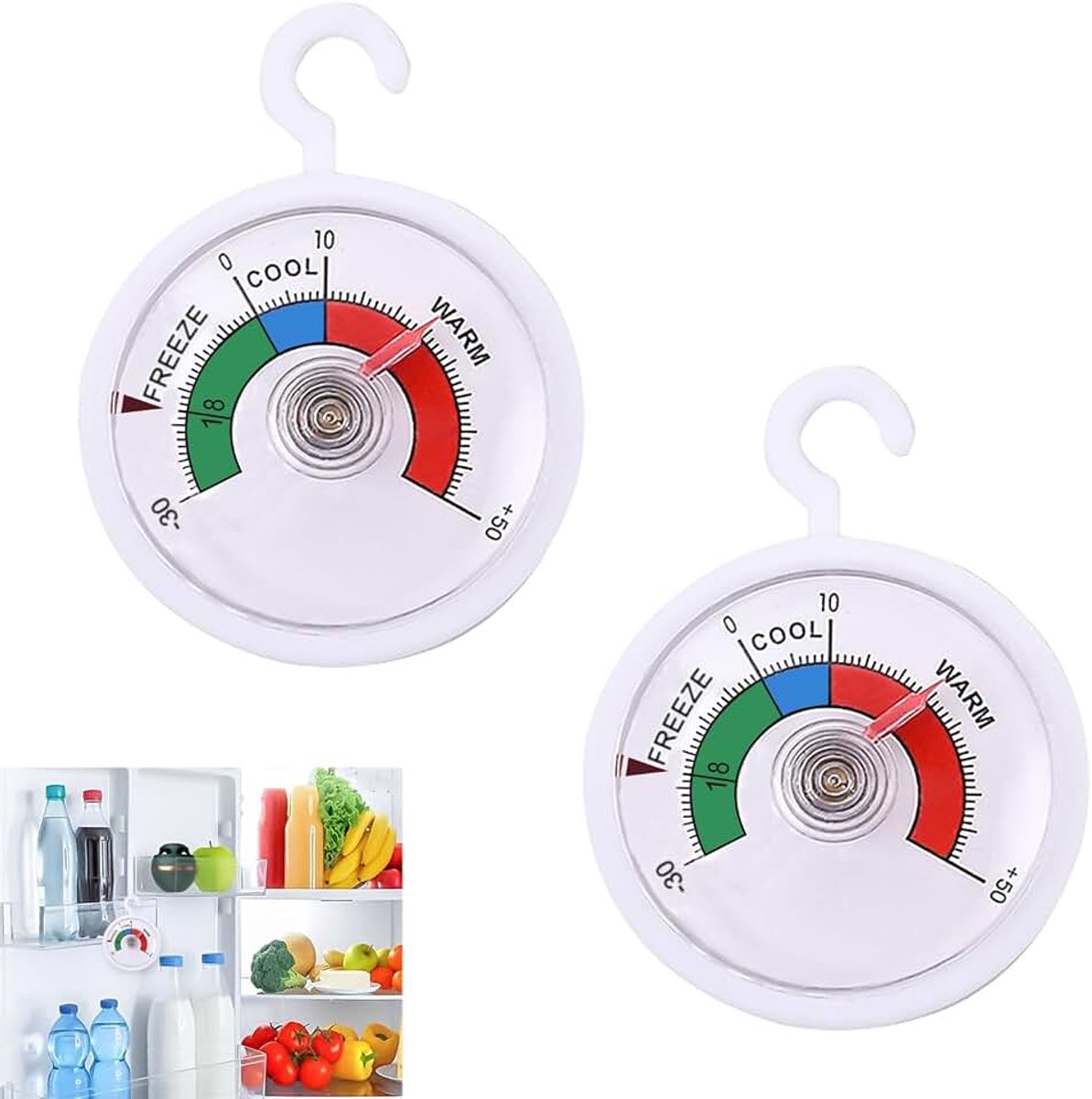 2 stuks, analoge vriesthermometer met gekleurde wijzerplaat, gemakkelijk af te lezen van -30 °C tot 50 °C, mechanische thermometer voor temperatuurregeling